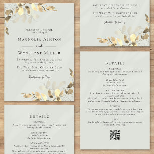 Eucalyptus Sage Green Gold All in One Wedding Invitation