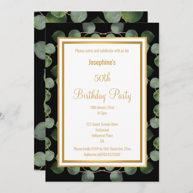 EUCALYPTUS SAGE GREEN GOLD BLACK BIRTHDAY  INVITATION (Front/Back)