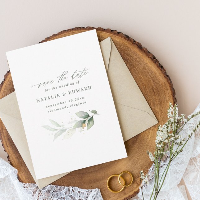 Eucalyptus sage green gold wedding save the date (Creator Uploaded)
