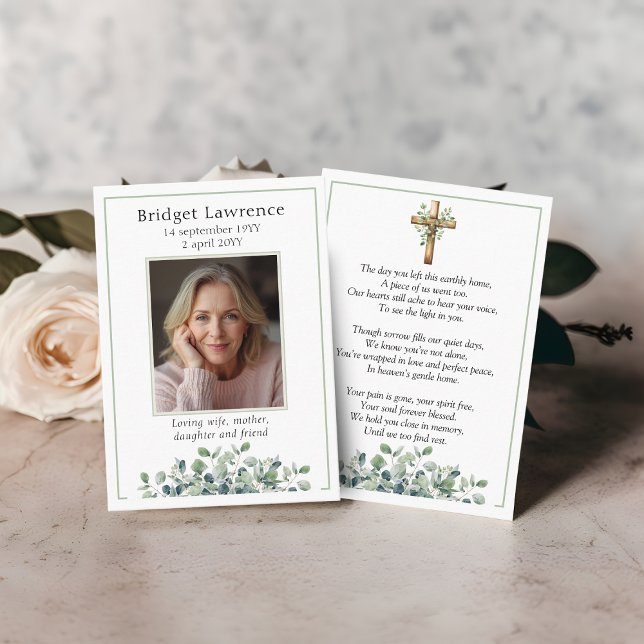 Eucalyptus Sage Green Memorial Photo Prayer Card (Creator Uploaded)