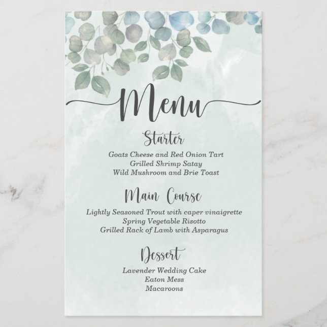 Eucalyptus sage green watercolor Wedding Menu (Front)