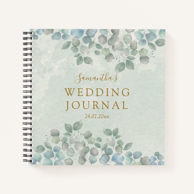 Eucalyptus sage green watercolor wedding notebook (Front)