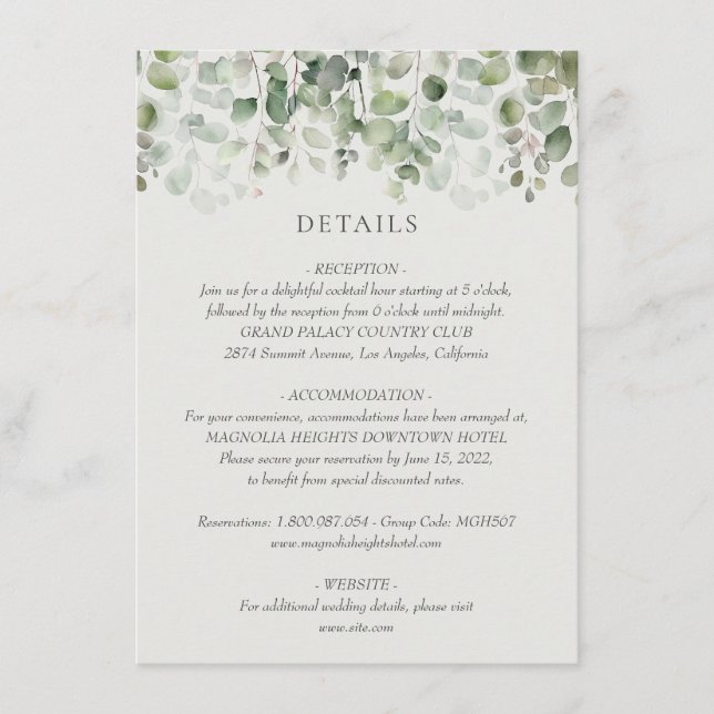 Eucalyptus Sage Green Wedding Details Enclosure Card (Front)