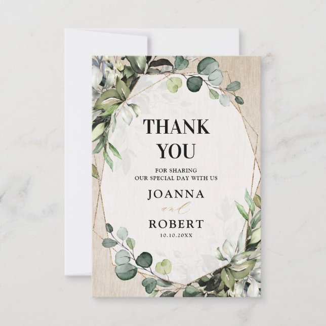 Eucalyptus Sage Greenery Modern Geometric Wedding  Thank You Card (Front)