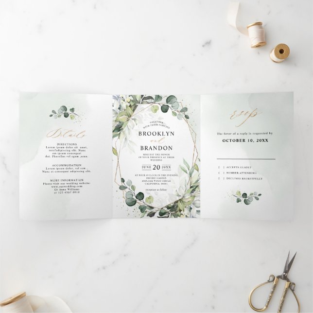 Eucalyptus Sage Greenery Modern Geometric Wedding Tri-Fold Announcement (Inside)