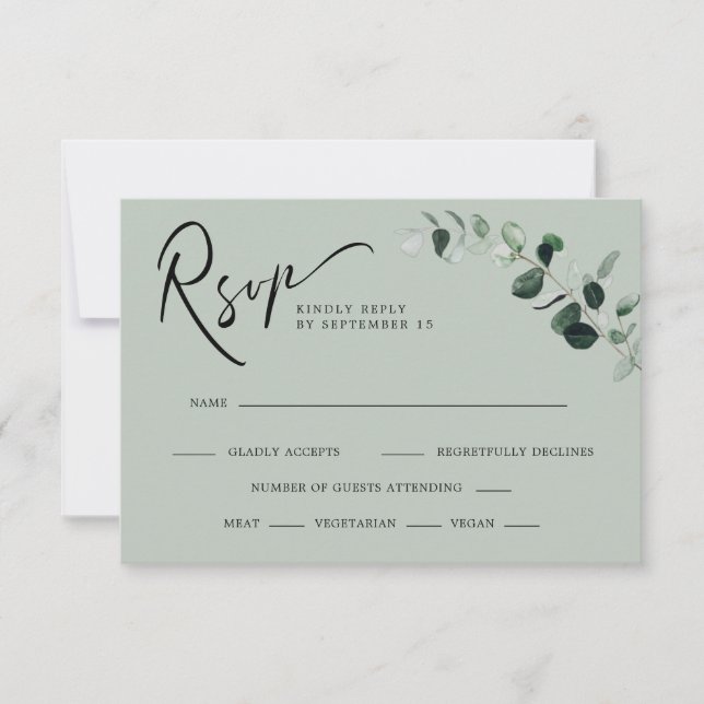Eucalyptus Sage Modern Calligraphy Meals Wedding RSVP Card (Front)