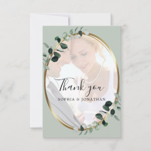 Eucalyptus Sage Photo Gold Metallic Wedding Thank You Card