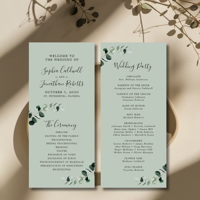 Eucalyptus Sage Romantic Calligraphy Wedding Programme (Eucalyptus Sage Romantic Calligraphy Wedding Program)