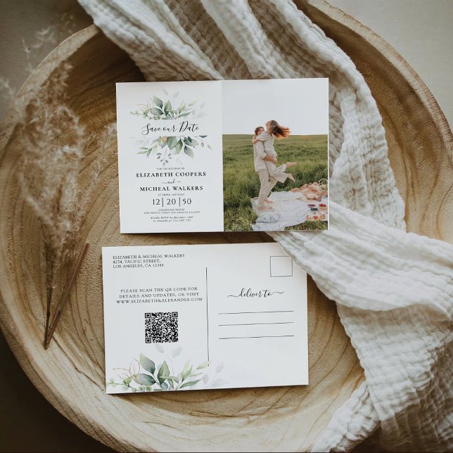 Eucalyptus Save The Date with Photo Postcard (Creator Uploaded)