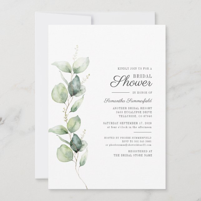 Eucalyptus Script Botanical Bridal Shower Invitation (Front)