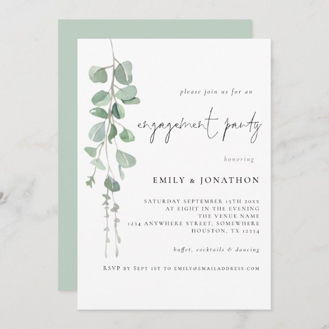  Eucalyptus Script Engagement Party Invite (Front/Back)