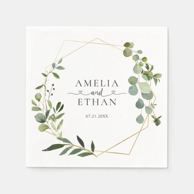 Eucalyptus Script Heart Wedding Napkin (Front)