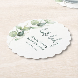 Eucalyptus Script Minimalist Baby Shower Paper Coaster