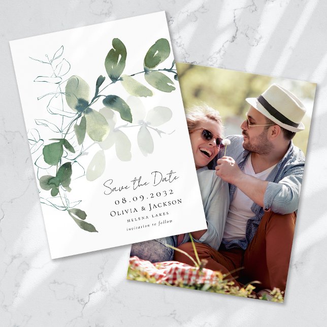 Eucalyptus Script Photo Wedding Save The Date (Creator Uploaded)