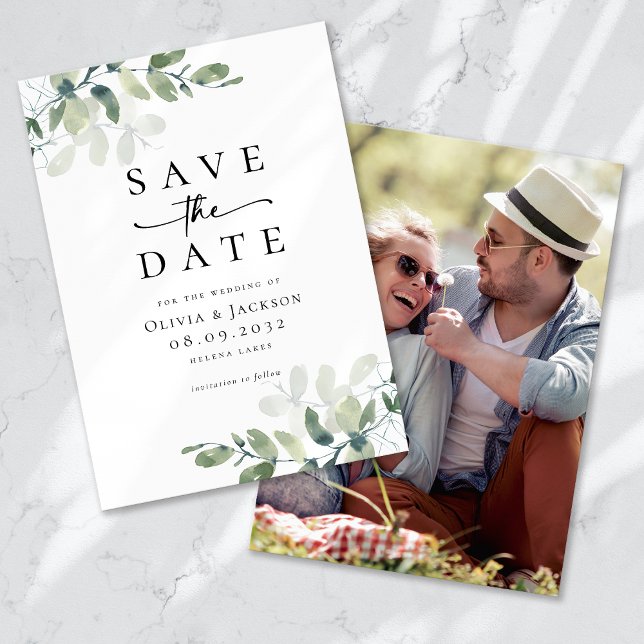 Eucalyptus Script Photo Wedding Save The Date (Creator Uploaded)