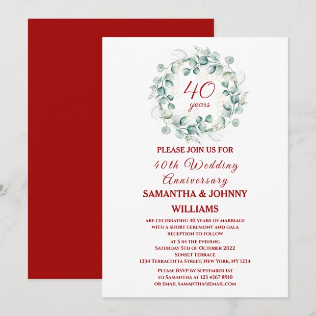 Eucalyptus Script Ruby 40th Wedding Anniversary Invitation (Front/Back)
