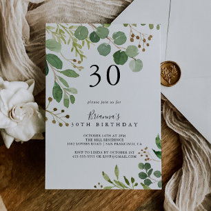 Eucalyptus Simple Brown Floral 30th Birthday Party Invitation