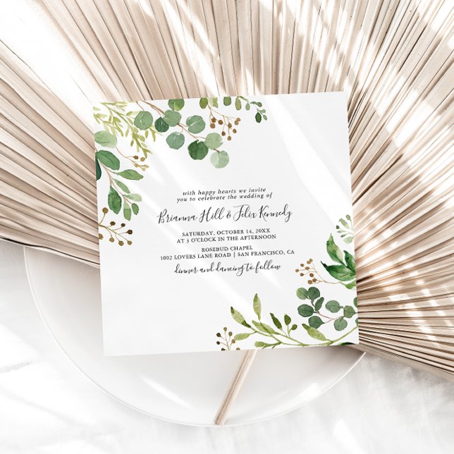 Eucalyptus Simple Brown Floral Square Wedding Invitation (Creator Uploaded)
