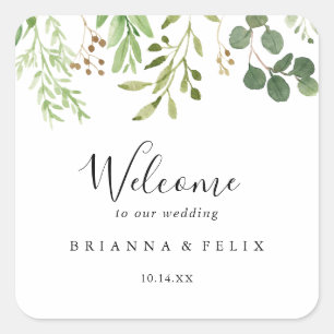 Eucalyptus Simple Brown Floral Wedding Welcome Square Sticker