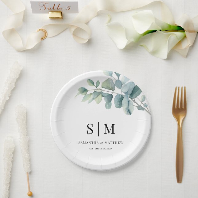 Eucalyptus Simple Elegant Couple Initials Wedding Paper Plate (Wedding)