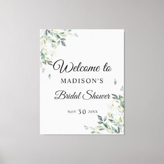 Eucalyptus Simple Floral Bridal Shower Welcome Canvas Print (Front)