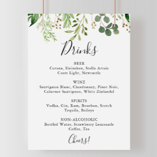 Eucalyptus Simple Floral Wedding Drinks Menu Sign