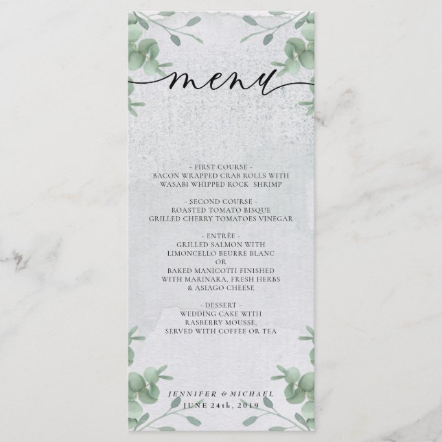Eucalyptus Simple Modern Wedding Ceremony Dinner Menu (Front)
