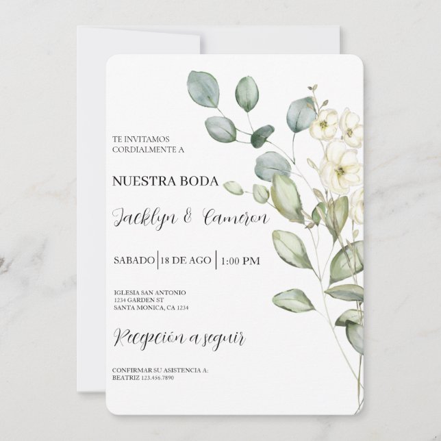 Eucalyptus Spanish Wedding Invitation (Front)