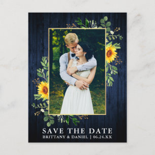 Eucalyptus Sunflower Blue Wood Save The Date Postcard