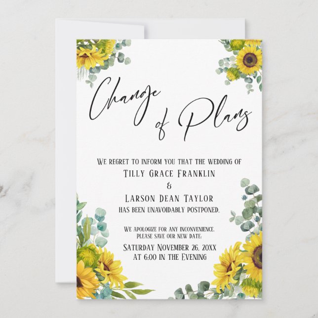 Eucalyptus Sunflower Change of Plans Wedding Card (Front)