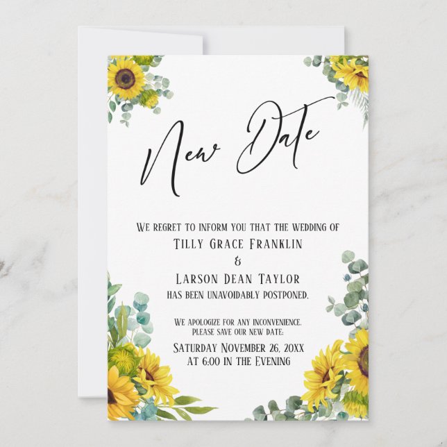 Eucalyptus Sunflower Delayed Wedding New Date Card (Front)
