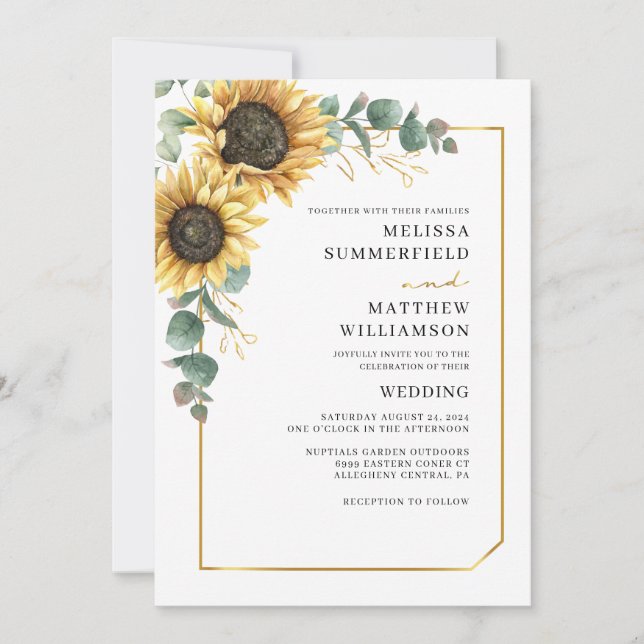 Eucalyptus Sunflower Floral Geometric Wedding Invitation (Front)