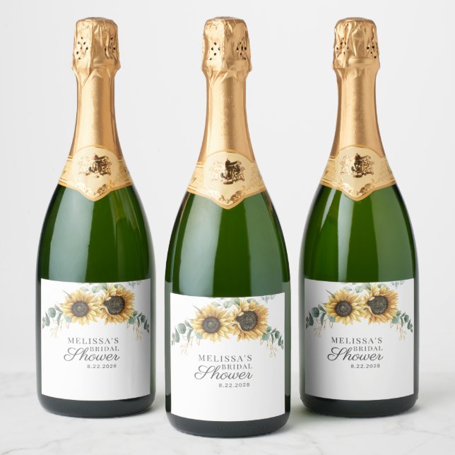 Eucalyptus Sunflower Floral Script Bridal Shower Sparkling Wine Label (Bottles)