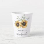 Eucalyptus Sunflower Floral Wedding Bridesmaid Latte Mug<br><div class="desc">Create a modern Sunflower Floral save the date card with this cute template featuring beautiful rustic floral bouquet, geometric gold effect frame, with modern simple typography. TIP: Matching wedding suite cards like RSVP, wedding programs, banners, tapestry, gift tags, signs, and other wedding keepsakes and goodies are available in the collection...</div>