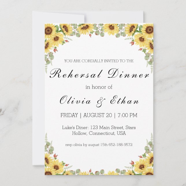 Eucalyptus sunflower rehearsal dinner invitations (Front)