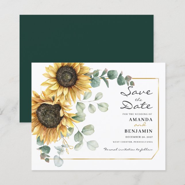 Eucalyptus Sunflower Save The Date Announcement (Front/Back)