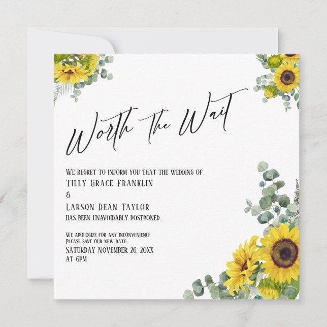 Eucalyptus Sunflower Worth the Wait Wedding Card (Front)