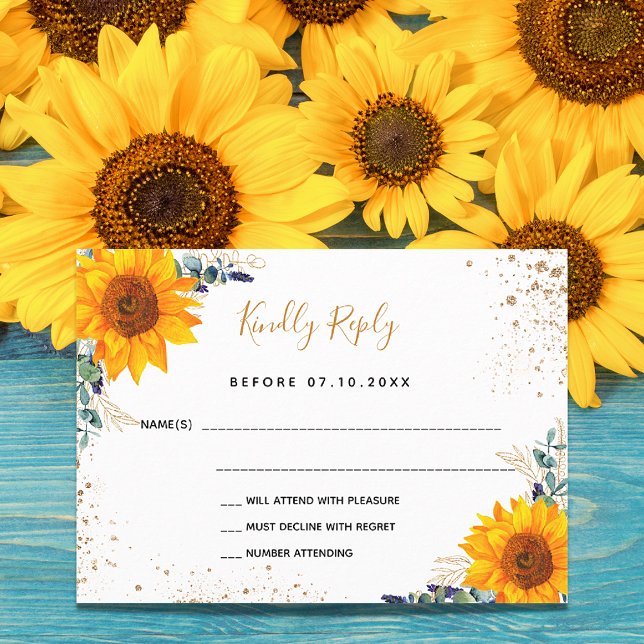 Eucalyptus sunflowers glitter wedding RSVP card (Creator Uploaded)