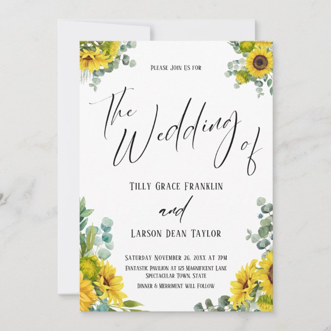 Eucalyptus Sunflowers Handwriting The Wedding Of Invitation (Front)