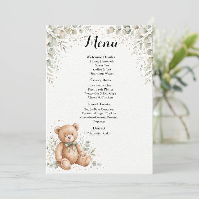 Eucalyptus Teddy Bear Baby Shower Menu Card (Standing Front)