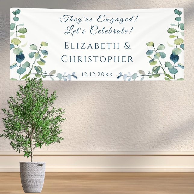 Eucalyptus They're Engaged Party Banner (Elegant eucalyptus engagement banner with modern script and personalized monogram details.)