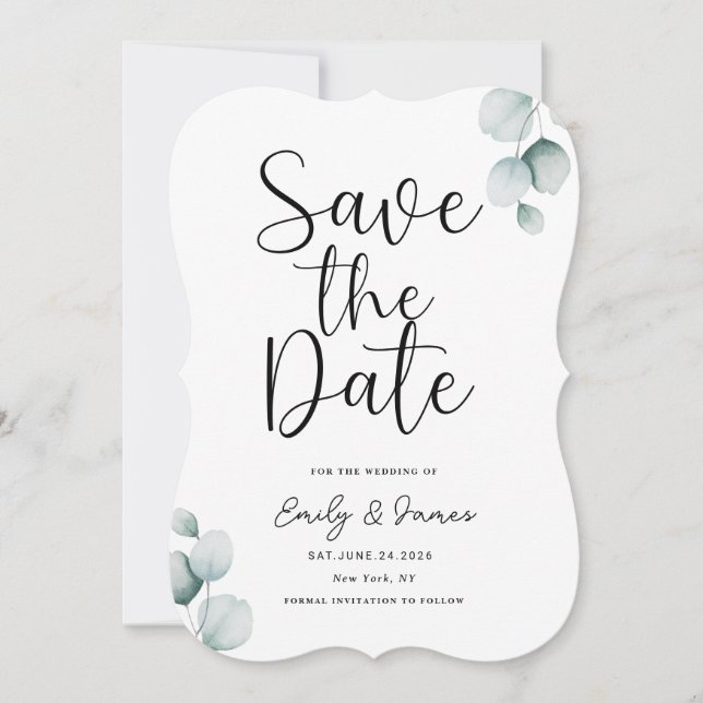 Eucalyptus  unique Modern Elegant minimalist  Save The Date (Front)