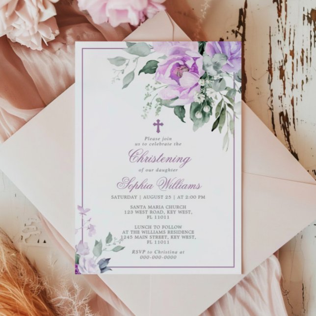 Eucalyptus Violet Flowers Christening Invitation (Creator Uploaded)