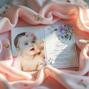 Eucalyptus Violet Flowers Photo Girl Baptism Invitation