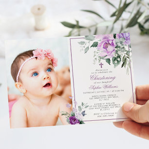 Eucalyptus Violet Flowers Photo Girl Christening Invitation