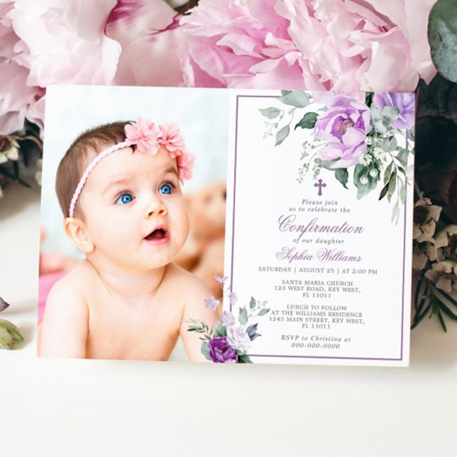 Eucalyptus Violet Flowers Photo Girl Confirmation Invitation (Creator Uploaded)