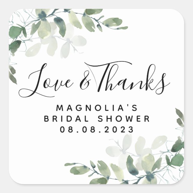Eucalyptus Watercolor Bridal Shower Love & Thanks Square Sticker (Front)