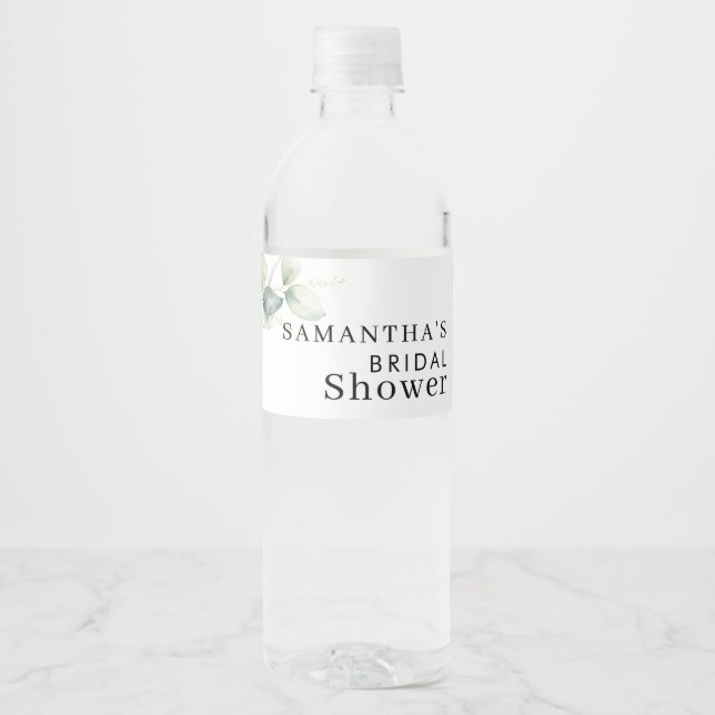 Eucalyptus Watercolor Bridal Shower Water Bottle Label (Front)