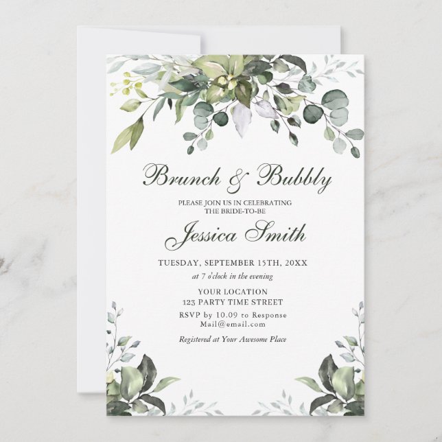 Eucalyptus Watercolor Brunch and Bubbly Invitation (Front)