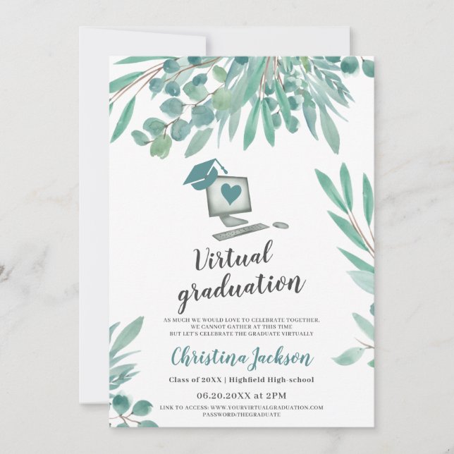 Eucalyptus watercolor cap photo virtual graduation invitation (Front)